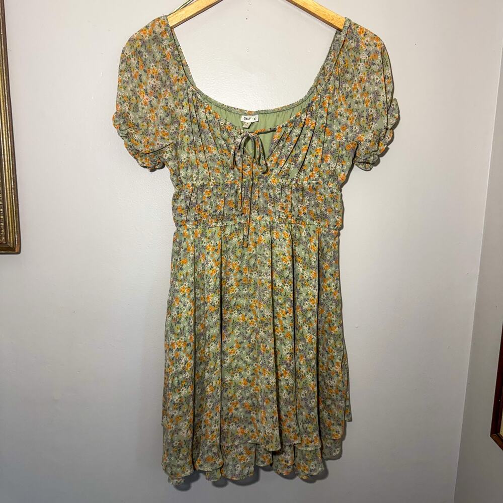 Selfie Floral Mini Dress Sage Green Orange Puff Sleeve Cottagecore M